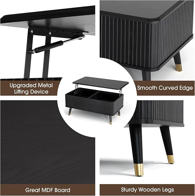 SULIVES Lift Top Coffee Table with Storage,Fluted Coffee Table with Lifting Top,Mid Century Modern Center Table with Solid Wood Legs,Small Coffee Tables for Living Room,Black