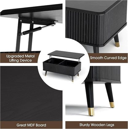 SULIVES Lift Top Coffee Table with Storage,Fluted Coffee Table with Lifting Top,Mid Century Modern Center Table with Solid Wood Legs,Small Coffee Tables for Living Room,Black
