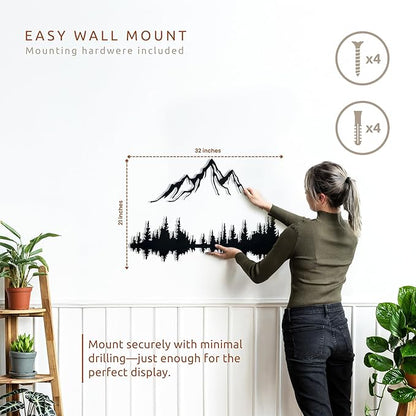 Wita Home Mountain and Forest Metal Wall Art, Wall Mounted Mountain Home Decor, Pine Trees Wall Art for Living Room, Bedroom or Office, Large Outdoor Wall Decor, Nature Christmas Decor (Black, 32x21 inches)