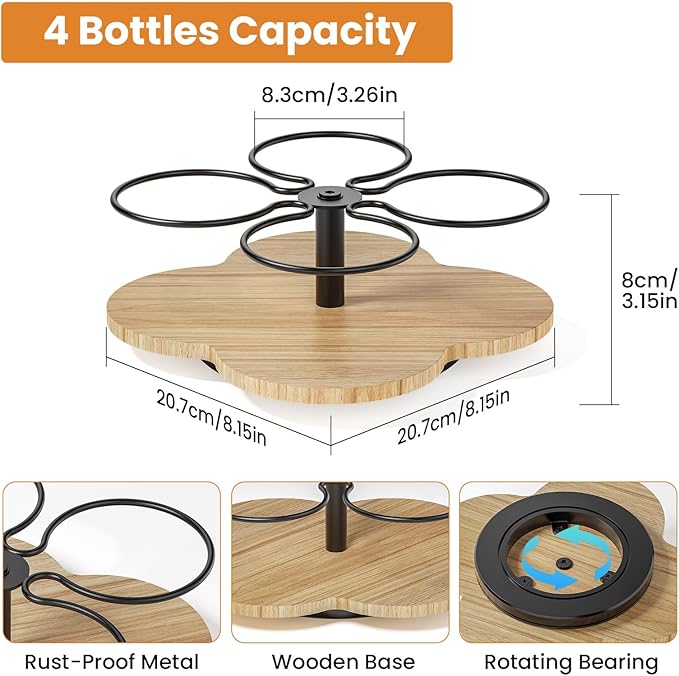 THYGIFTREE Rotating Coffee Syrup Organizer 4 Bottles Syrup Rack Dispenser16.9oz for Countertop Wood Bottle Holder Stand for Coffee Bar Station