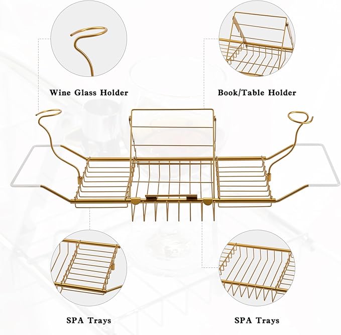 BDL Bathtub Caddy Expandable Bath Tub Tray Table with Wine Holder, Free Soap Dish and Laptop Reading Rack, Bathtub Tray for Home（Bronze）