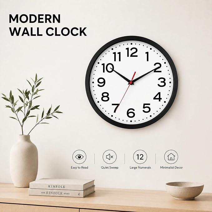 Roymnie Wall Clock Silent Non-Ticking Modern Clock Battery Operated 12 Inch Classic Analog Decorative for Classroom, Living Room, Office, Bedroom, School, Hotel (Black)