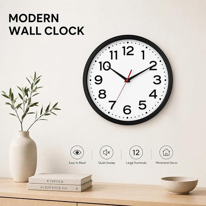 Roymnie Wall Clock Silent Non-Ticking Modern Clock Battery Operated 12 Inch Classic Analog Decorative for Classroom, Living Room, Office, Bedroom, School, Hotel (Black)