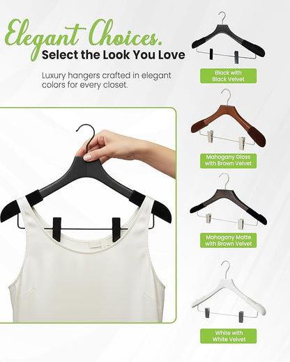 Wooden Hangers with Clips for Women, Solid Wood Skirt & Suit Hangers, Heavy-Duty Adjustable Non-Slip Design with Velvet Grip, Black with Black Velvet, 30 pcs