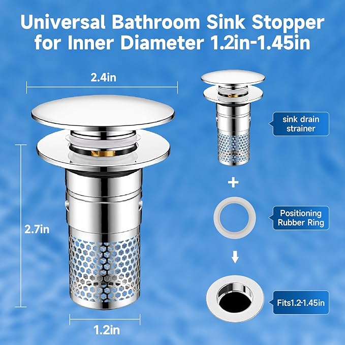 Universal Bathroom Sink Stopper Hair Catcher, Pop-up Sink Drain Strainer with Removable Stainless Steel Strainer Basket, Bathroom Sink Strainer for Bathroom Sink Stopper Replacement (2pack)