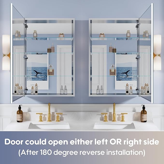 WELLFOR 24" x 36" Bathroom Medicine Cabinet, Anodized Chrome Aluminum Frame, Medicine Cabinet with Adjustable Glass Shelves, Bathroom Cabinet with Reverse Door Installation, Surface or Recess Mount