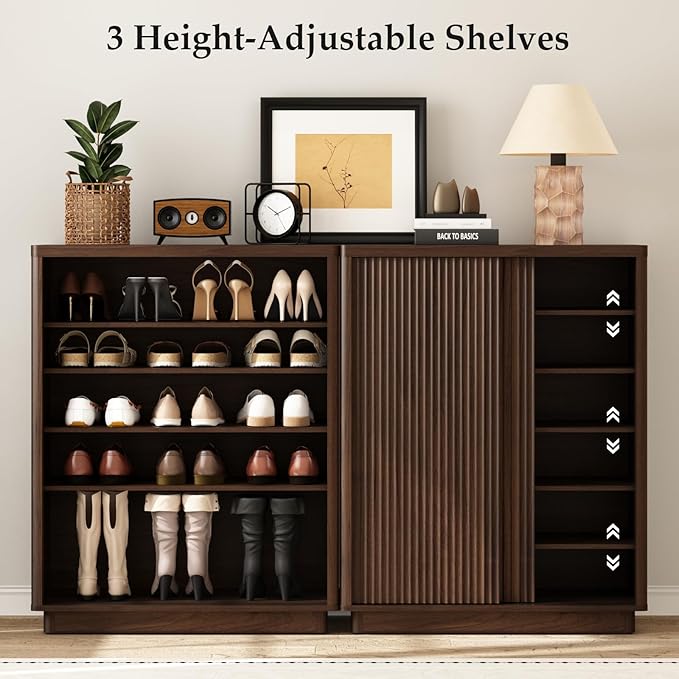 Fluted Shoe Cabinet with Sliding Door, 6-Tier Large Hidden Storage Organizer Modern Shoe Rack with Adjustable Shelves, Mid Century Freestanding Wooden Shoe Storage Cabinet for Entryway,Walnut