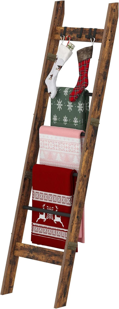Hzuaneri Blanket Ladder for Living Room, Decorative Quilt Rack with 4 Removable Hooks, 5-Tier Farmhouse Ladder Holder Shelf Organizer for Bedroom, Rustic Brown and Black BR31501B