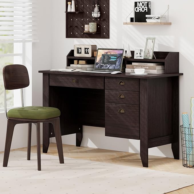 Safeplus 48" Computer Desk with 4 Storage Drawers and Hutch Wood Executive Table for PC Laptop