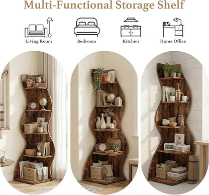 Arvolia 70 Inch Corner Bookshelf, Modern 5-Tier Small Bookshelf with Unique Curved Design, Freestanding Vertical Storage Shelf for Living Room, Bedroom or Home Office (Brown Modern)