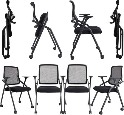 Updated Conference Room Chairs, Folding Office Desk Chair with Lumbar Support and Sliding Armrest with Casters, Stackable Office Guest Chairs & Reception Chairs,8 Pack Black