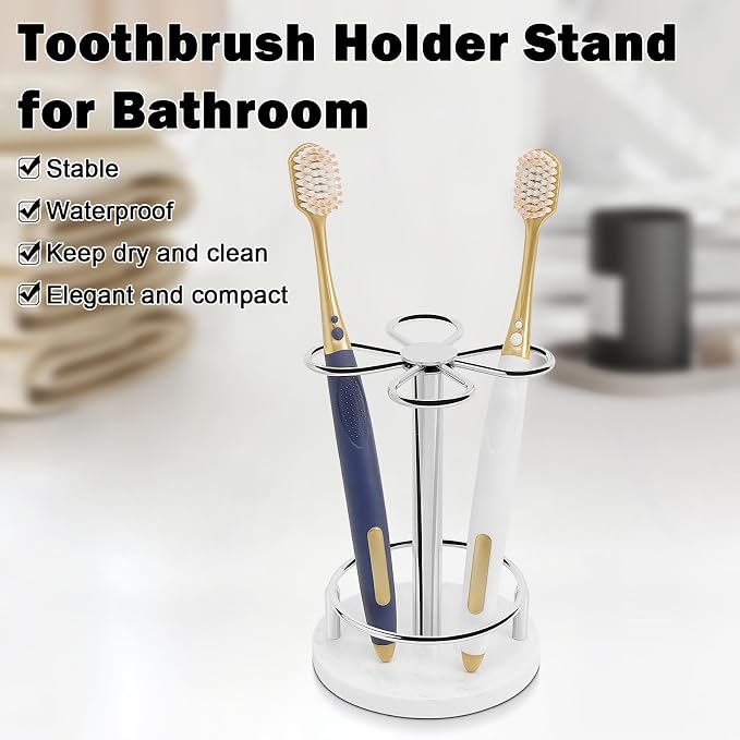 Toothbrush Holder Stand for Bathroom, Metal Toothbrush Organizer with Marble Base, Toothbrush Storage Collection for Family, Suitable for Home Hotel Countertop Vanity (Small, Chrome Finish)