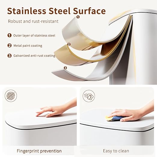 PayLessHere Stainless Steel Trash Can with Lid - Removable Inner Bucket, Foot Pedal Soft Close for Office, Home, Kitchen (White, 13 G)
