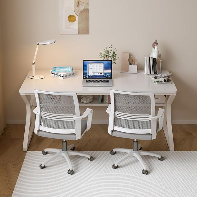 Extra Long Desk with Bookshelf - 55" Double Long Writing Table for 2-Person Workstation, Modern Study Work Computer Desk for Home and Office, Warm White