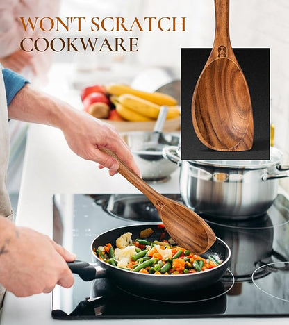 Wooden Spoons for Cooking, Natural Premium Teak Wood Corner Spoon, Good Grip Large Wooden Spoons & Wooden Spatula, Heat Resistant Wooden Cooking Utensils for Nonstick Cookware Cooking Gift - Left Hand
