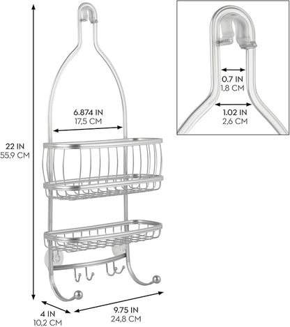 iDesign York Metal Wire Hanging Shower Caddy, Extra Wide Space for Shampoo, Conditioner, and Soap with Hooks for Razors, Towels, and More, 9.75" x 4" x 22", Satin Silver