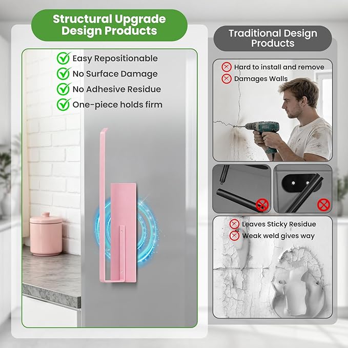 Paper Towel Holder, Toilet Paper Roll Holder Magnetic Towel Rack Wall Mount Fridge Organizer Shelf for Towels Rolls Bar Bathroom Toilet Pantry RV Essentials Kitchen Organizers and Storage Pink