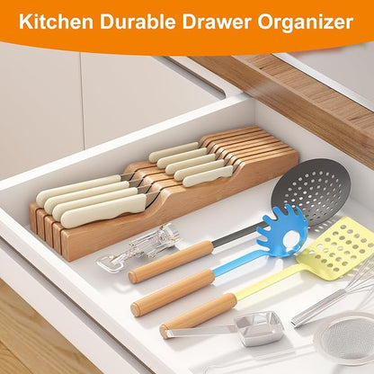 In-Drawer Knife Block Organizer - Bamboo Wood Drawer Knife Organizer-Protecting Knife Organizer Block (Not Included) (Natural, 9 Knives Dock)