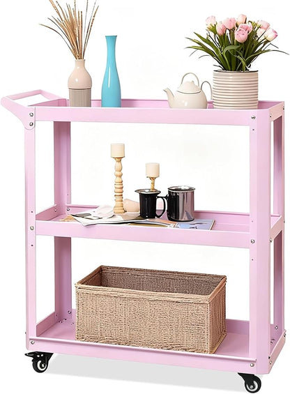 XCX 3 Tier Metal Utility Rolling Cart with Wheels, Heavy Duty Storage Organizer Trolley Cart for Kitchen, Bathroom, Office, Bedroom – Multi-Purpose 330Lbs Capacity Utility Cart on Wheels, Pink