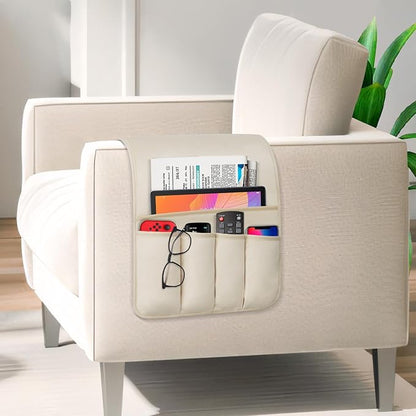 TV Remote Control Holder Couch Caddy, Non-slip Bedside Caddy Organizer with 5 Pockets for Key Glasses Phone Magazine Holders (Beige, 35"x12.4")