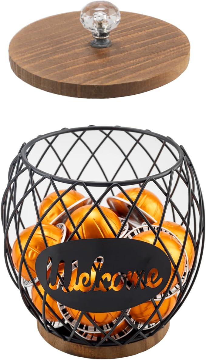 Black Metal Wire Coffee Pod Holder Basket with Wood Base & Lid, Crystal Knob Capsule Organizer Compatible with Nespresso Vertuo, Holds 26 Vertuo or 14 K Cups for Coffee Station Countertop