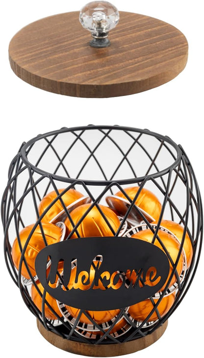 Black Metal Wire Coffee Pod Holder Basket with Wood Base & Lid, Crystal Knob Capsule Organizer Compatible with Nespresso Vertuo, Holds 26 Vertuo or 14 K Cups for Coffee Station Countertop