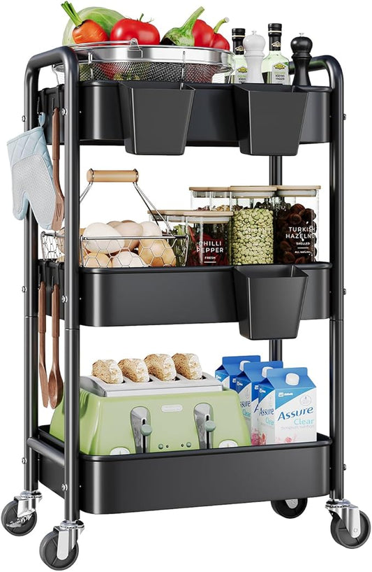 3 Tier Rolling Cart on Wheels, Metal Utility Storage Cart with Wheels, Three Tiered Craft Carts Organizer with Hanging Cups, Hooks, Mesh Basket for Bedside, Kitchen, Bathroom, Office, Art, Snack,Black
