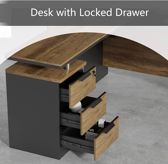 63 Inch L-Shaped Executive Desk Set of 4, Industrial Modern Wood Office Desk with 3 Drawers, Built-in Cable Management & Power Outlet, Real Wood Finish, Reversible Left/Right Return Home Workstation