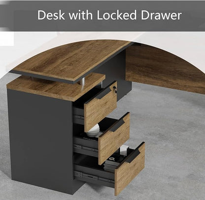 63 Inch L-Shaped Executive Desk Set of 4, Industrial Modern Wood Office Desk with 3 Drawers, Built-in Cable Management & Power Outlet, Real Wood Finish, Reversible Left/Right Return Home Workstation