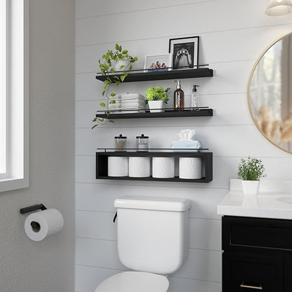 WOPITUES Floating Shelves for Wall 24 inch with Cube Shelf, Wall Shelves with Metal Rail for Decor, Bathroom Organizers and Storage, Over Toilet Shelves for Bathroom, Toilet Paper-Black