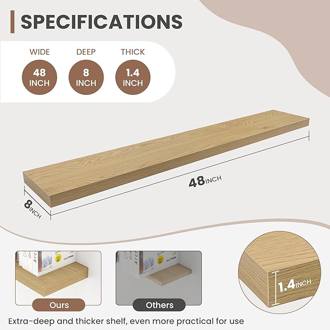Acovy 48 Inch Floating Shelves, 8 Inch Deep Floating Shelves for Wall, Hanging Shelf with Invisible Brackets, Deep Shelves for Bathroom, Bedroom, Living Room, Oak, Set of 1