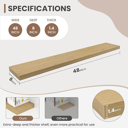 Acovy 48 Inch Floating Shelves, 8 Inch Deep Floating Shelves for Wall, Hanging Shelf with Invisible Brackets, Deep Shelves for Bathroom, Bedroom, Living Room, Oak, Set of 1