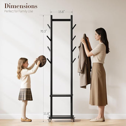 Yoobure Solid Wood Coat Rack Freestanding - Rolling Clothes Rack with 8 Hooks & Shelves, Small Clothing Rack with Wheels, Heavy Duty Clothing Racks for Hanging Clothes, Portable Hall Tree for Entryway