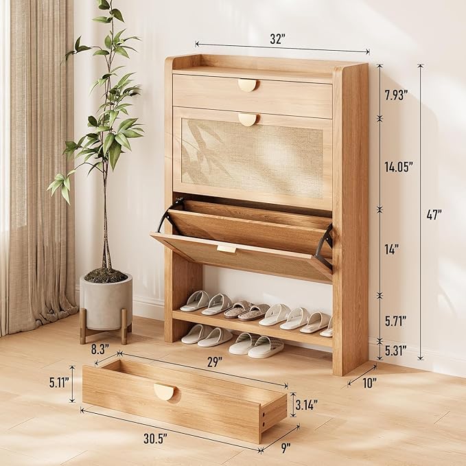 Rattan Shoe Storage Cabinet, Entryway Shoe Organizer with 2 Flip Drawers, Narrow Shoes Cabinet, Free Standing Hidden Shoe Storage, Shoe Rack for Entryway/Hallway/Front Door