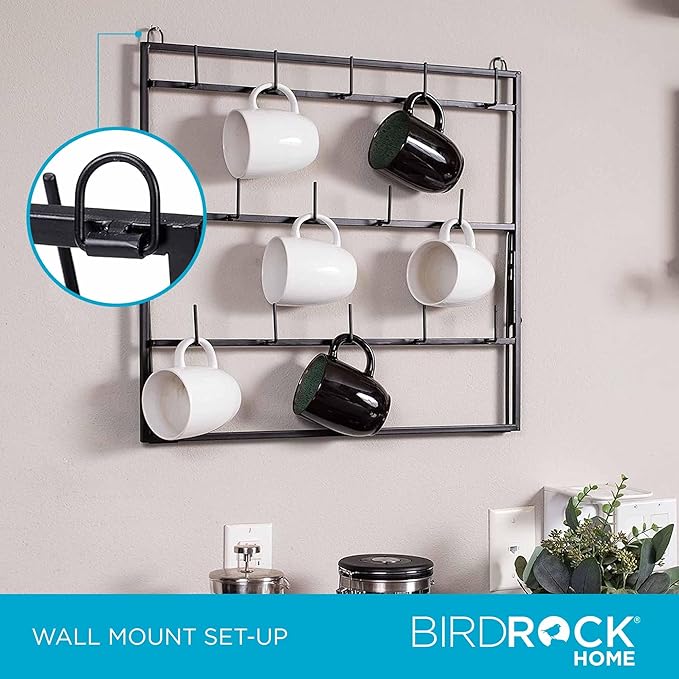 BIRDROCK HOME 14-Hook Mug Rack - Free Standing or Wall Mountable - Coffee Tea Cup Glass Storage Holder - Coffee Bar Display Décor - Decorative Kitchen Organizer - Flat Black Metal Steel