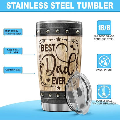 Best Dad Ever Gift Tumbler, Rustic Wood Pattern 20oz Stainless Steel Travel Mug, Insulated Vacuum Cup for Father, Birthday, Christmas, Father's Day Present