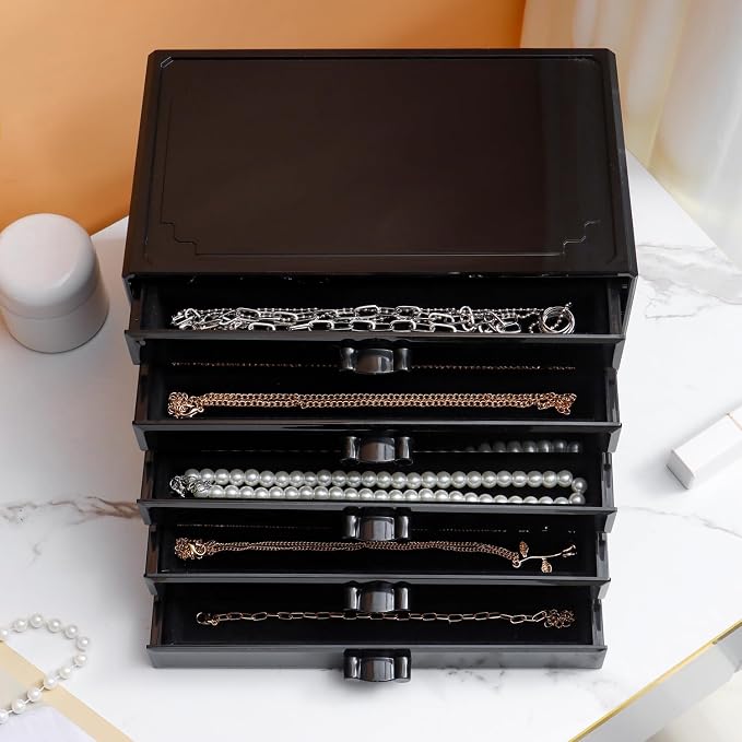 YUFONG Necklace Holder Organizer, Dustproof Necklace Box Velvet Necklace Organizer Box with Lid Clear Acrylic Dustproof Stackable Jewelry Displays for Necklaces Chain Display (Black Black, 5 Drawer)