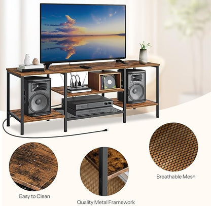 HOOBRO TV Stand with Power Outlets to 65 Inches, TV Console Table with Open Storage Shelves, Industrial Media Entertainment Center for Living Room Bedroom, Rustic Brown and Black BF40DS01