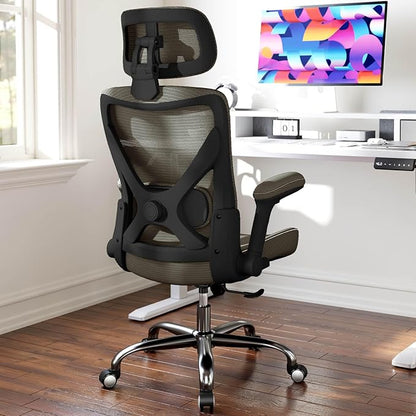 Office Home Ergonomic Desk Chair-Computer X-Shaped Chair Mesh PU Leather with Adjustable Lumbar Support-Executive Chair High Back Flip-Up Arms for Long Hours (Dark Green)