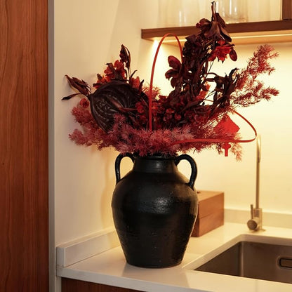 Wild Works Bailey Handmade Black Vase with 2 Ear Design - 9.6'' Tall Terracotta Vase, Vintage Rustic Antique Decor, Black Ceramic Vases, Flower for Living Room, Entrance,Wabi-sabi Decorations