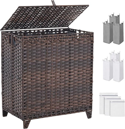 Laundry Hamper with Lid, 190L Large Laundry Basket 3 Section with 6 Removable Liner Bags & 3 Mesh Laundry Bags, Handwoven Rattan Clothes Hamper with Heightened Feet, No Install Needed, Brown