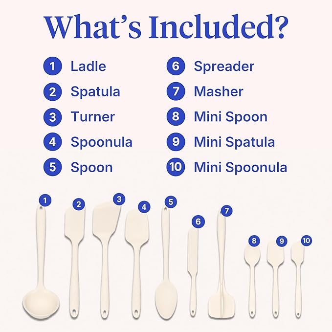 GIR: Get It Right 10-Piece Silicone Essentials Kitchen utensils set - Ladle, Spatula, Flip, Spoon & Spoonula - Non toxic cooking utensils for Nonstick Cookware, Cooking and Baking - Cream