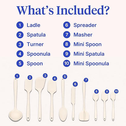 GIR: Get It Right 10-Piece Silicone Essentials Kitchen utensils set - Ladle, Spatula, Flip, Spoon & Spoonula - Non toxic cooking utensils for Nonstick Cookware, Cooking and Baking - Cream