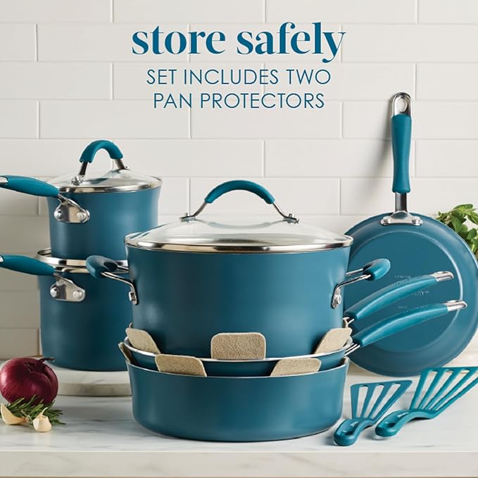Rachael Ray Cucina Ceramic Cookware Set - 13 Pieces - Ceramic Pots and Pans Set w/Nonstick Frying Pans, Saute Pan, Saucepans, Stockpot, Lids, Pan Protectors - Marine Blue