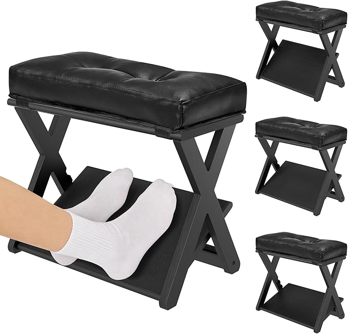 Adjustable Height Foot Rest Under Desk at Work, Double Step Wooden Under Desk Footrest, Non-Slip EVA Surface, Office Foot Stool for Posture Support, Leg Relief, Home Office & Gaming-Black