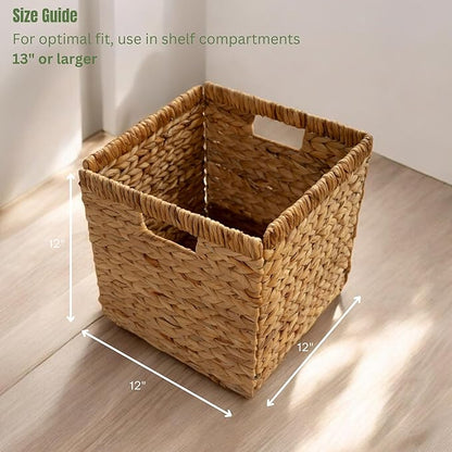 Wicker Storage Cubes 12x12 Set of 4, Heavy Duty Hyacinth Storage Baskets, Baskets for Organizing, Storage Woven Basket, Collapsible Storage Cubes, Rattan Basket, Ikea Kallax Inserts (Water Hyacinth)