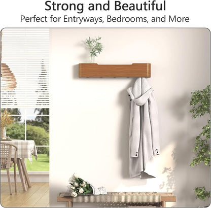 Coat Rack Wall Mount with Hidden Hooks Modern Key Holder Wood Entryway Hook with Shelf for Bedroom Kitchen Hallway Bathroom Designed for Hanging Coats Hats Bags Towel Dog Leashe(Walnut,5 Hooks)