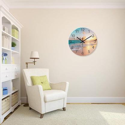 Beach Coastal Wall Clocks Battery Operated Analog Round Wall Clock for Living Room Decor 14 Inch Blue Glass Silent Wall Clock
