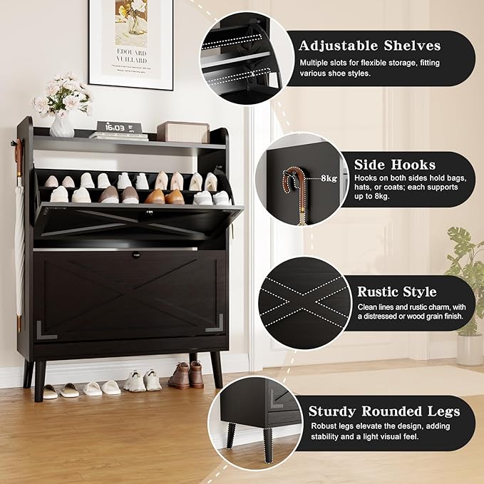 Shoe Storage Cabinet with 2 Flip Drawers & Adjustable Shelves,Freestanding Shoe Cabinet Storage with Side Hooks Narrow Shoe Rack Cabinet for Entryway,Hallway,Rustic Black