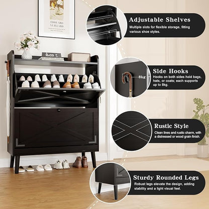 Shoe Storage Cabinet with 2 Flip Drawers & Adjustable Shelves,Freestanding Shoe Cabinet Storage with Side Hooks Narrow Shoe Rack Cabinet for Entryway,Hallway,Rustic Black